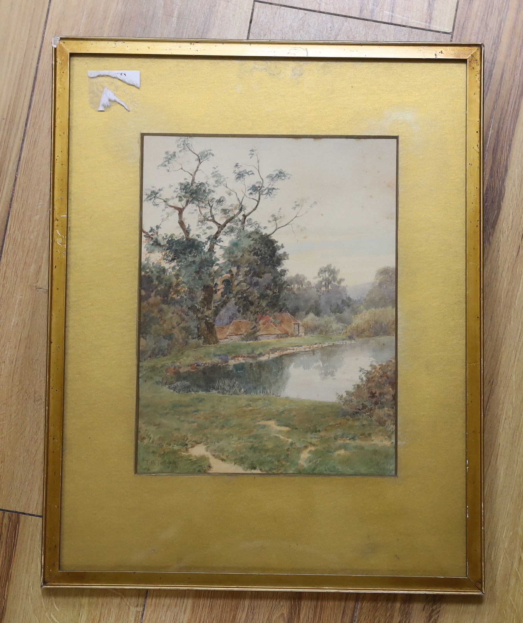 Thomas Nicholson Tyndale (1858-1936), watercolour, Farmhouse beside a lake, signed, 26 x 20cm